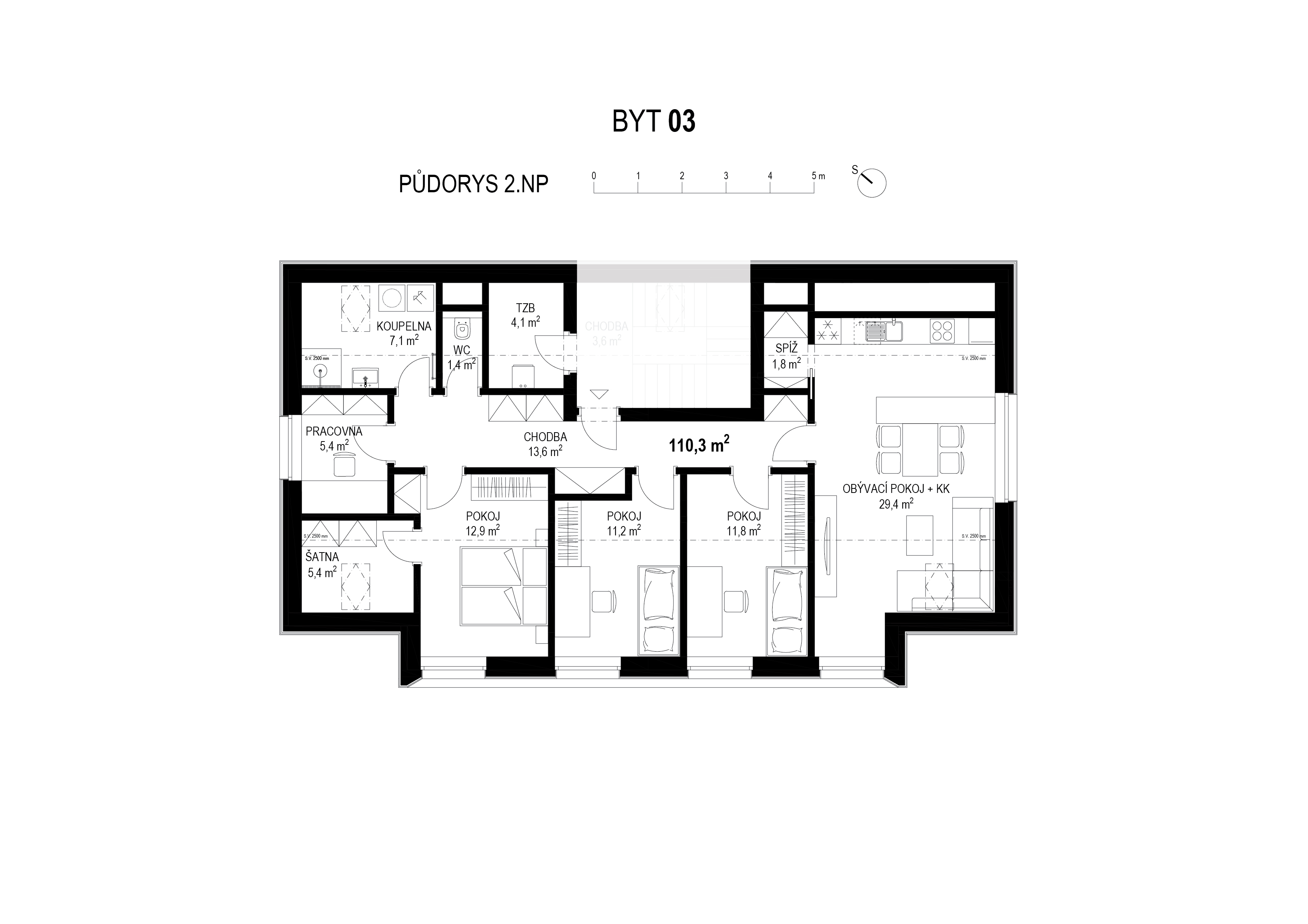 Půdorys bytu 4+kk, 2. NP